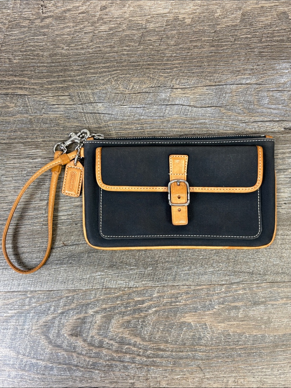 Coach Black Canvas & British Tan Leather Wristlet Wallet Clutch